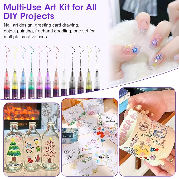 Pintada 12 Color Nail Art Pens Set - 0.5mm Fine Tip Nail Art Markers with Stickers, Leak-Proof Nail Pens for DIY Nail Art, Greeting Cards & Crafts