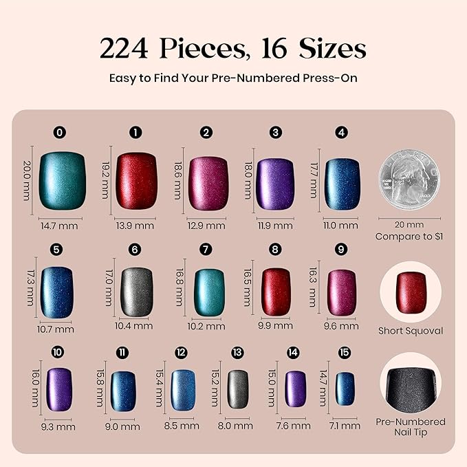 Beetles X Press Cat Eye Nails - 7 Colors Short Square Press On Nails | 16 Sizes 224 Pcs Natural Salon Quality Red Blue Purple Cateye Nails For Women St Patrick Day