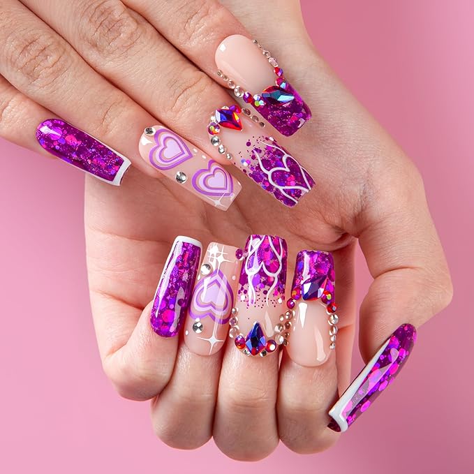LOVFUL Valentine's Press on Nails Violet Riot | Handmade Acrylic Press ons | Reusable Fake Nails | Square Classic Regular 1.3 in | H734-L