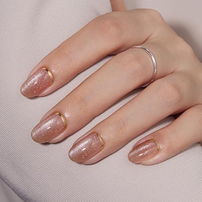 VSALON Press On Nails Short Oval, Gold Foil Nude French Tip Cat Eye Shimmer Nails, Salon Quality Semi-transparent Fake Nails Kit - 32 PCS Stick on Nails in 16 Sizes with UV Glue & Cuticle Oil