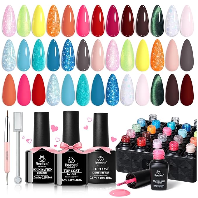 Beetles Gel Nail Polish Set - 20 Colors Gel Polish Pink Blue Green Yellow Pearl Color Gel with Base Glossy & Matte Top Coat Uv DIY Salon Manicure Kit Beach Bash Valentines Nails Gift for Women