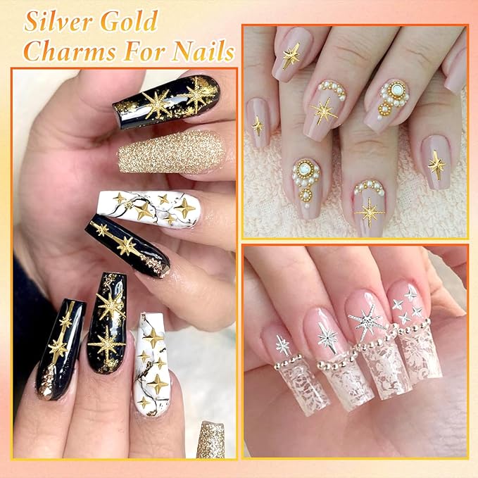 Silver Gold Nail Beads for Nail Art, Metal Caviar Nail Beads, Nail Pearls for Nail Art, Silver Gold Cross Star Nail Studs Rivet Charms for Nails Design DIY Craft Accessories
