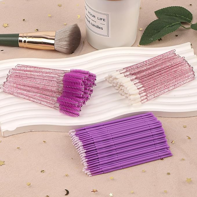 300 Pack Disposable Spoolies Brushes Sets Mascara Wand Lip Brushes Bamboo pole-shaped Handle Cotton Swab for Eyebrow Eyelash Extension Tattoo Lipstick Applicator(Purple)