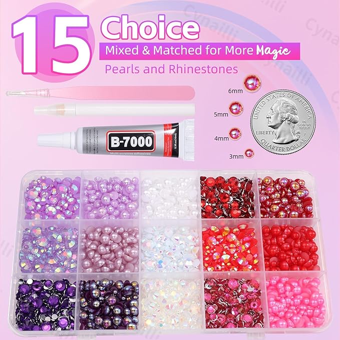 15 Grids Pearls and Resin Rhinestones for Crafting, Purple Red White Bedazzling Gems Kit, Jelly Resin Rhinestones for Nails Face Eyes Makeup Crafts Tumblers Bottles