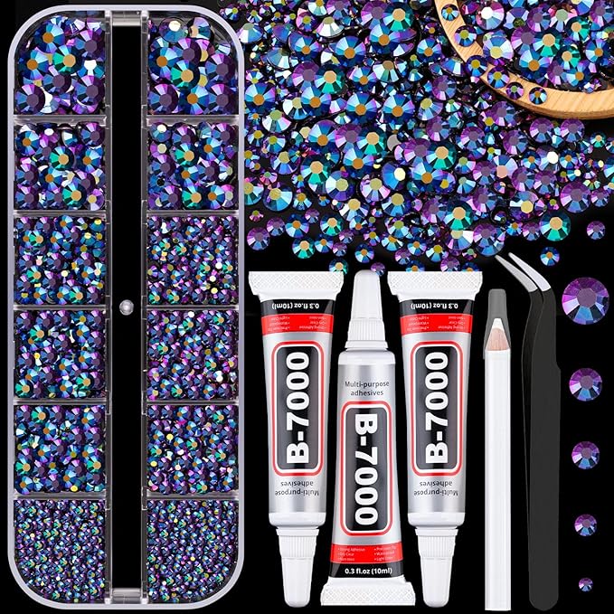 Resin Jelly Rhinestones for Crafting with B7000 Jewelry Glue, 1 Box Purplish Black AB Flatback Crystal with 3Pcs 10ml Glue, Bedazzling Non Hotfix Gems for DIY Tumblers Clothing Shoes Manicure