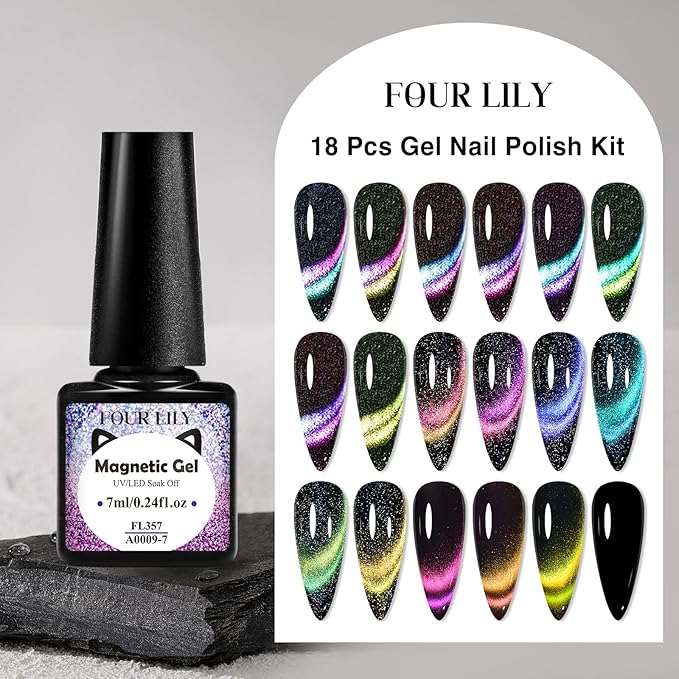 Cat Eye Gel Nail Polish Set, 18 Colors Magnetic Gel Polish Kit 9D Reflective Neon Light Strip Cateyes Nail Polish Chameleon Galaxy Glitter Effect Salon Gel Manicure Nail Art DIY at Home