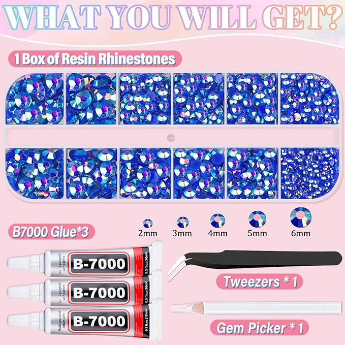 Resin Rhinestones for Crafting with 3Pcs 10ml B7000 Jewelry Glue, 1 Box Dark Blue AB Flatback Gems Crystals Diamond for Bedazzling Crafts DIY Nail Art Makeup, Gems for Clothing Tumblers Shoes