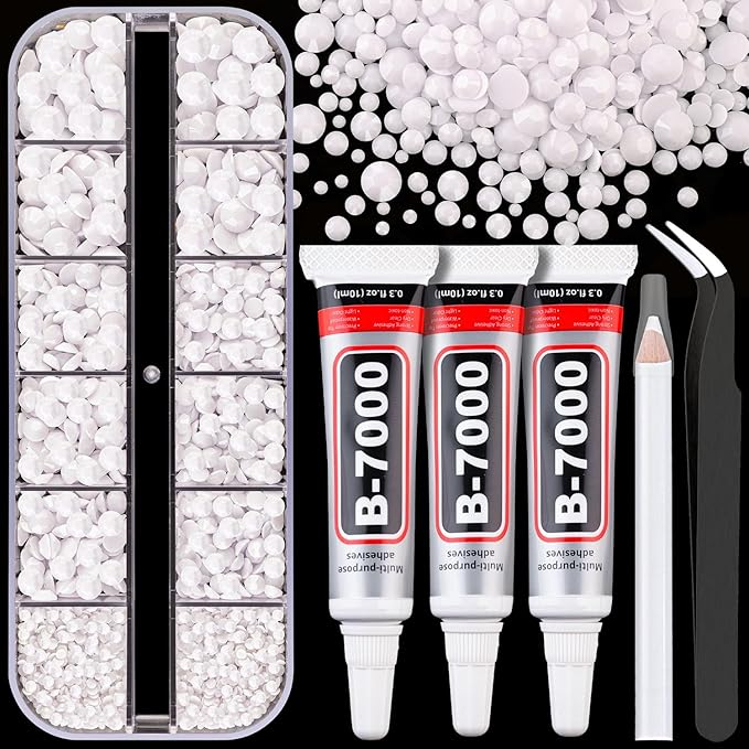 Resin Rhinestones for Crafting with B7000 Jewelry Glue, 1 Box White Flatback Crystals with 3Pcs 10ml Glue for Bedazzling Crafts DIY Nail Art Makeup，Non Hotfix Gems for Clothing Shoes