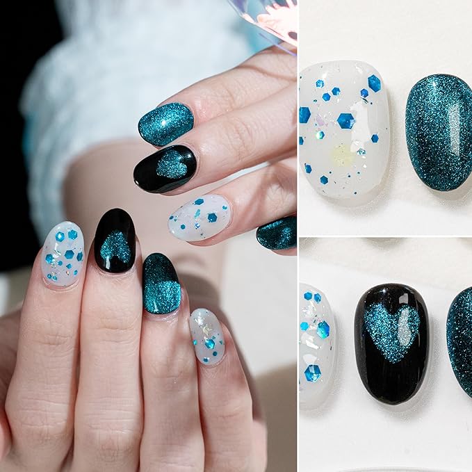 Sun&Beam Nails Handmade Press-on Medium Long Almond Blue Magnet Heart Design Fashion False Nail Tips 10 Pcs Set (#276 M)