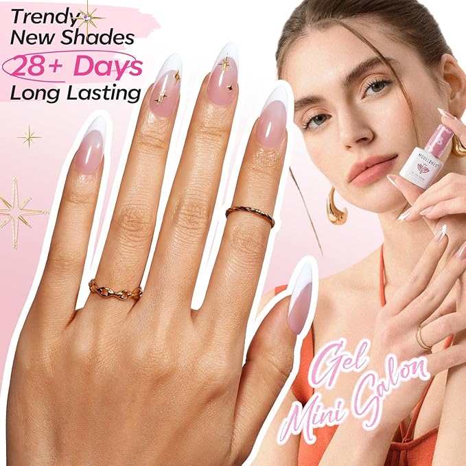 Modelones French Manicure Kit, French Tip Gel Nail Polish Set with French Tip Nail Stamp and Silver Gold Stickers Jelly Nude White Pink Sheer 4 Colors, Valentine Day New Year Nail Art Tool Gift