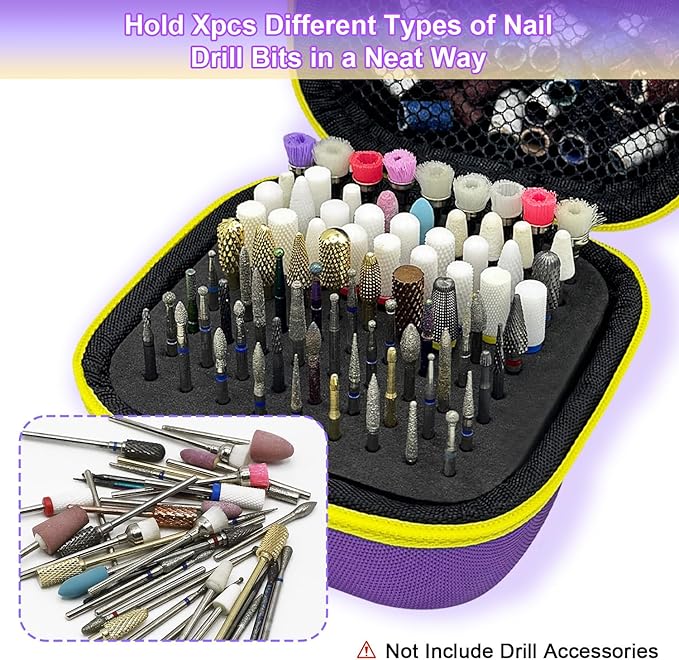 81 Holes Nail Drill Bit Holder, Nail Bits Display Container, Dustproof Portable Organizer Storage Bag, Efile Nail Bits Professional Manicure Tools, for Manicure Tools (ONLY CASE) (Purple+Yellow)