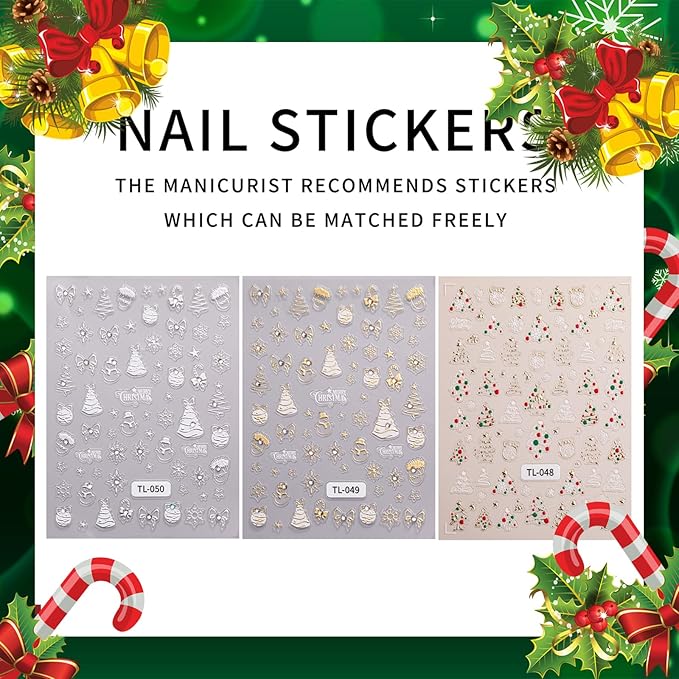 3 Sheets Christmas Tree Nail Art Stickers 5D Self-Adhesive Embossed Cartoon Santa Claus Snowflake Designs Xmas Decals Winter Christmas Tie-Bow Ball Nail Stickers Supplies for DIY Manicure Decor