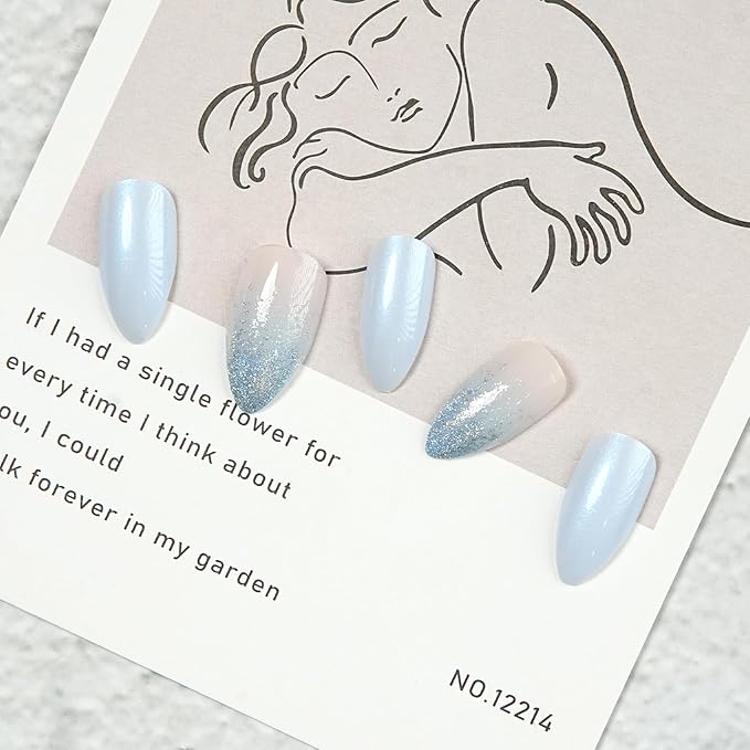 Press On Nails Almond Ombre Blue - Soft Gel Fake Nails With a Shimmery Finish, For Women And Teens, Perfect For Daily Wear, Playdates, And Relaxed Outings, 12 Sizes 24 Nail Kit With Glue