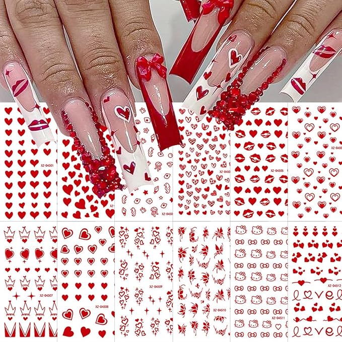 12 Sheets Valentines Nail Art Stickers Love Heart Nail Stickers Lip Nail Decals Red Self Adhesive Love Nail Art Supplies for Women Girls DIY Manicure Nail Art Decorations