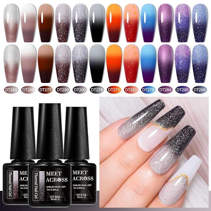 MEET ACROSS 12Pcs Color Changing Gel Nail Polish Set Brown Gel Polish Kit Fall Winter Glitter Temperature Mood Changed Nail Polish Gel DIY Salon Gift for Women