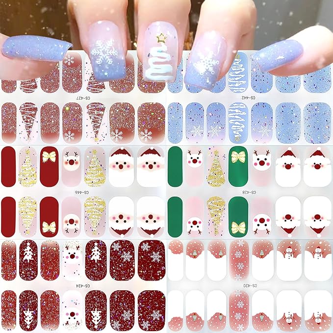 6 Sheets Christmas Nail Wraps Stickers 3D French White Snowflake Gel Nail Stickers Strips Self-Adhesive Winter Holiday Full Wraps with Xmas Trees Santa Reindeer Nail Polish for Women Acrylic Nails DIY
