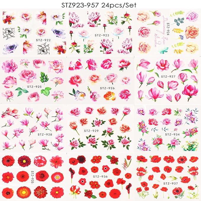 24 Sheets Flowers Nail Art Stickers, Water Transfer Decals Holographic Flower Butterfly Leaf Designs for Women Girls Manicure Charms Decoration