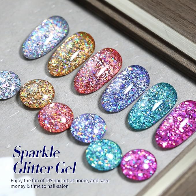 Born Pretty Glitter Gel Nail Polish Set Sparkly Shiny Gold Silver Pink Glitter Gel Polish Kit Soak Off U V Nail Gel Gift Box Nail Art Manicure Varnish Kit 7ML 6PCS