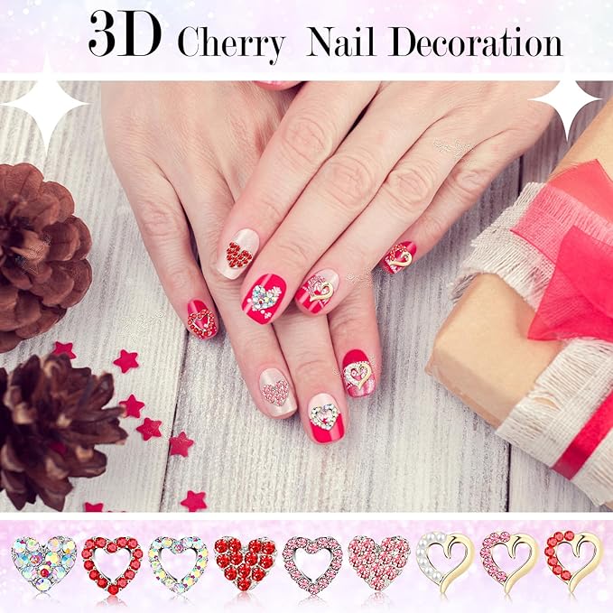 60 Pcs Valentine Heart Nail Charms for Nail Art Bulk 3D Bling Heart Rhinestone Decals Alloy Crystal Charms Diamonds Decor Love Gem Decals for Women Valentine's Day DIY Jewelry Accessories