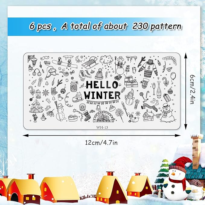 Whaline 6 Pieces Winter Nail Art Stamping Plates Kit Snowman Snowflake Pine Tree Sweater Image Stamp Templates Hello Winter Nail Art Plates for Winter Xmas DIY Print Manicure Salon Design Gift
