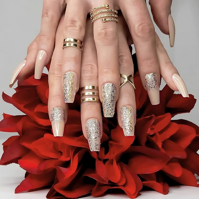 Hypnaughty 24 Pcs Vegas Gold and Nude Luxury Coffin Press On Fake Nails with Glitter Design and Glue Ombre Glitter Long Medium Long False Nails Full Cover Acrylic Nails (Vegas)