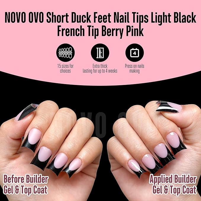 NOVO OVO Duck Nails Short with Moon Curve Black French Tips Berry Pink, 240Pcs Soft Gel Flare Wide French Full Cover False Nail Tips, Press on Acrylic Extension (15 Sizes)