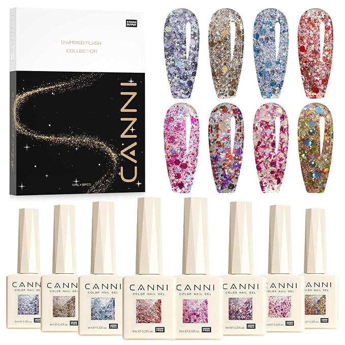 CANNI Gel Polish Glitter Gel Nail Polish Set, 8 Colors Shiny Blue Red Brown Glitter Gel Polish U V LED Soak Off Manicure Glitz Flash Series Kit Gift for Women Girls