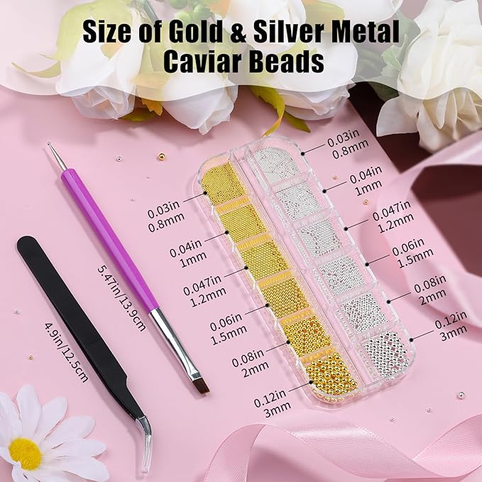 3D Mini Small Metal Stainless Steel Caviar Nail Beads Balls, 0.8-3mm Gold Silver Alloy Nail Art Chain Charms Studs with Tweezers and Dual-end Brush (1-K1-metal-beads)