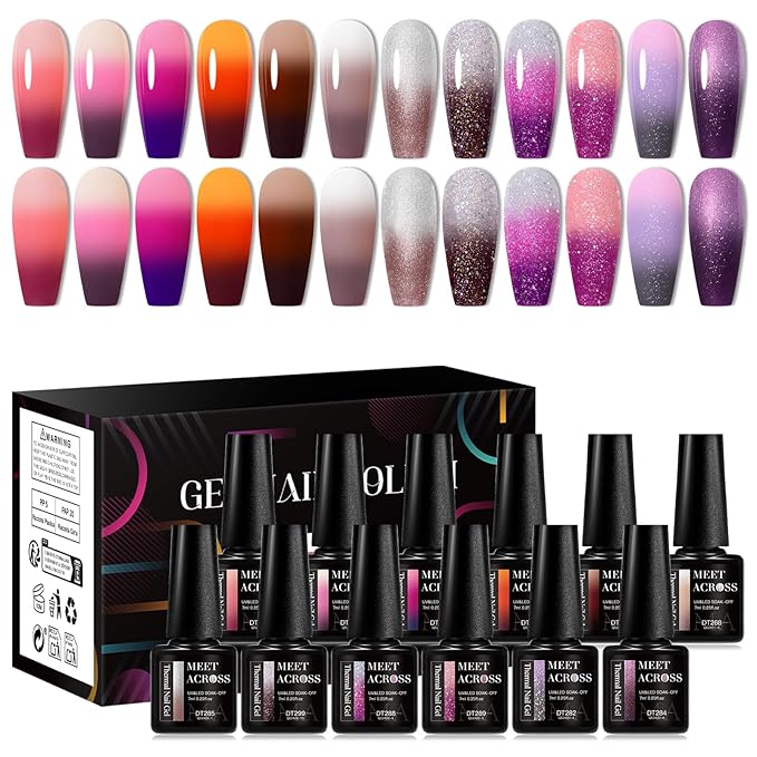 MEET ACROSS 12Pcs Color Changing Gel Nail Polish Set Purple Brown Glitter Temperature Mood Changed Nail Polish Gel DIY Salon Gift for Women