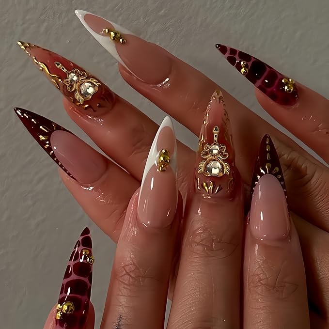Almond Press on Nails Long Fake Nails French Red Artificial Nail with Rhinestones Designs Gold Charm Stick on Nail for Women 24pcs