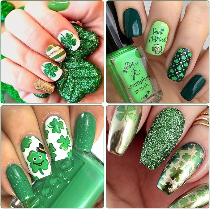 St. Patrick's Day Nail Art Stickers, Irish Shamrock 3D Self-Adhesive Nail Decals Lucky Clover Design (4 Sheets)