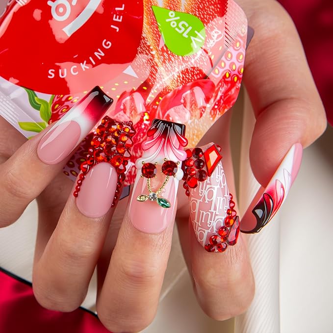 LOVFUL Short French Tip Press on Nails Cherry Obsession | Handmade Acrylic Press ons| Reusable Fake False Nails | Square Classic Regular 1.3in | H759-S