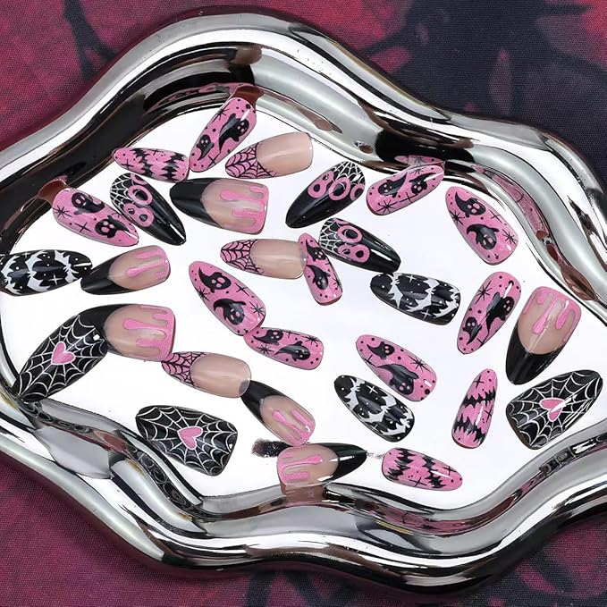 30Pcs Halloween Press on Nails Medium Almond French Tip Fake Nails with Black Ghost Bat Spider Web Design Glossy False Nails Full Cover Artificial Glue on Nails Pink Heart Stick on Nail for Women DIY