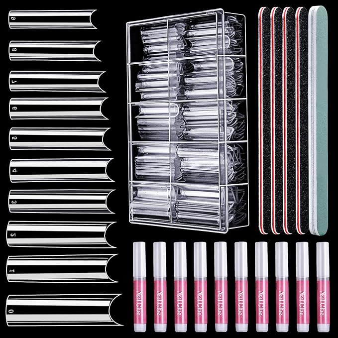 HNYYZL Extra Long Square ABS False Nail Tips, 240Pcs Kit with C Curve, Nail Glue, File for Salon Home DIY
