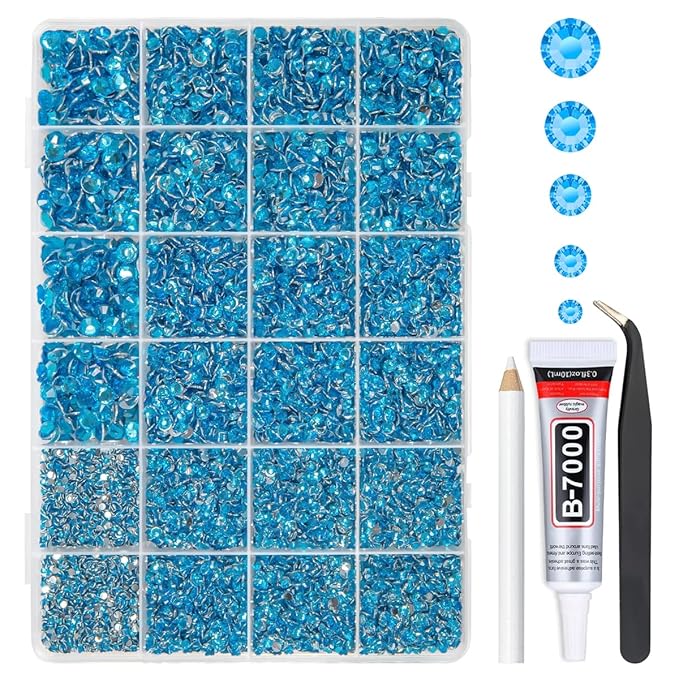 Middle Blue Resin Rhinestones w B7000 Glue for Bedazzling Crafting 2mm-6mm Flatback Gems Stones Diamonds Crystals Bedazzler Kit for Nails Face Eyes Makeup Tumblers Botttles DIY Crafts Shoes