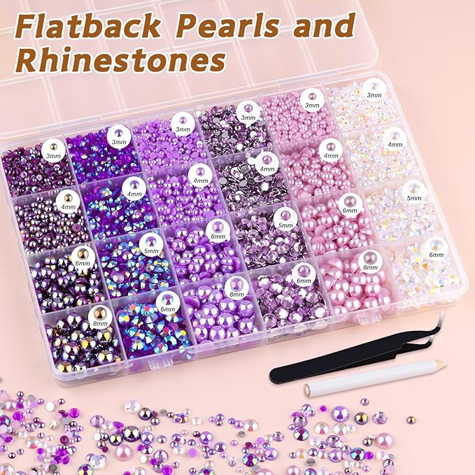 14000PCS Flatback Pearls and Purple Rhinestones for Bedazzling Kit, Purple Mixed Size 3-10mm Resin Rhinestones Gems and Half Pearls for Crafting, Nail Art Crafts Decoration