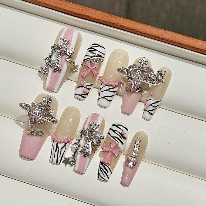 3D handmade Gel nails press on false nails long square pink white, big heart rhinestone cross star cute acrylic Reusable fake nails designed kit,10 Nails Size S #95