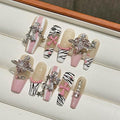 handmade nails press on Salon Quality false nails Reusable long square pink white, big heart rhinestone cross star cute acrylic 3D fake nails designed kit,10 Nails Size M #95