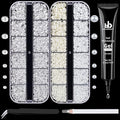 BELLEBOOST Nail Art Rhinestone Glue Gel&2 Boxes Flatback Gems Kit, 1 Tube of 15ml Rhinestone Gel Glue(UV/LED Needed)+Round Clear Gems+Flat-Back Half Round White&Beige Pearls with Pickup Tools