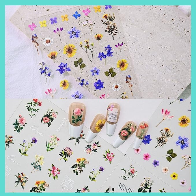 Large Flowers Pattern Nail Art Stickers, Floral Nail Decals, Self-Adhesive,Summer Spring Nail Accessories for Women, Nail Decorations 3 Sheets