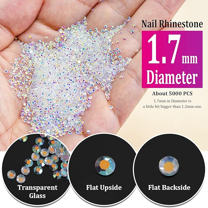1.2mm and 1.7mm Tiny Nail Rhinestones 20000PCs Ultra Mini Pixie Clear AB Glass Crystals for Nail Art 15000pcs 1.2mm and 5000pcs 1.7mm Super Little Gems Iridescent Micro Dust Glitter Caviar Bead