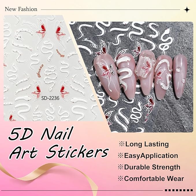 3 Sheets Snake Nail Art Stickers 3D Self-Adhesive Snake Sun Star Pattern Decals Starlight Nail Design Stickers Supplies for Women Girls Manicure Art Decoration 931-17