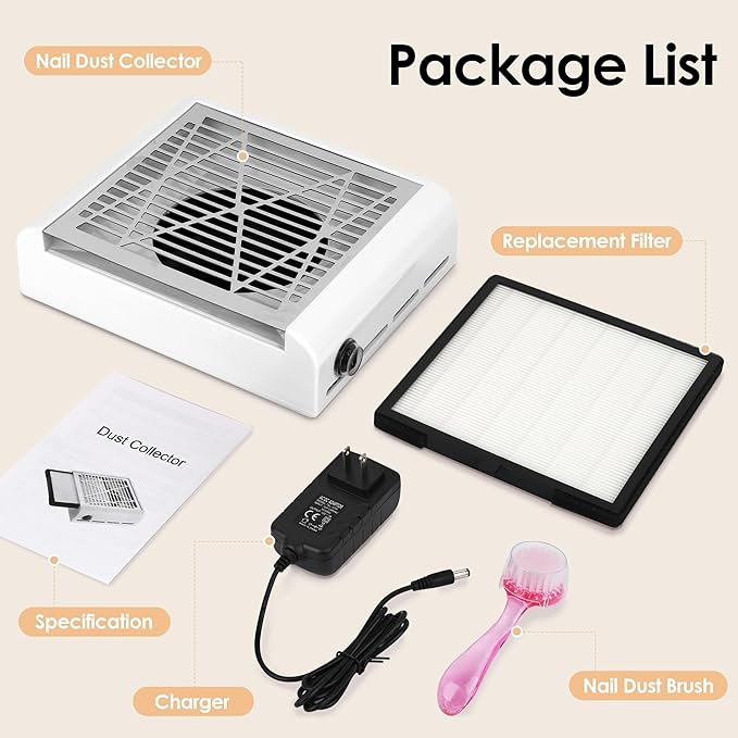 CoFashion Nail Dust Collector for Nails Dust Remove, Nail Acrylic Dust Collector Powerful Nail Duster Collector, One-Button Control Nail Duster Collector Filter White Manicure Vacuum with a Brush