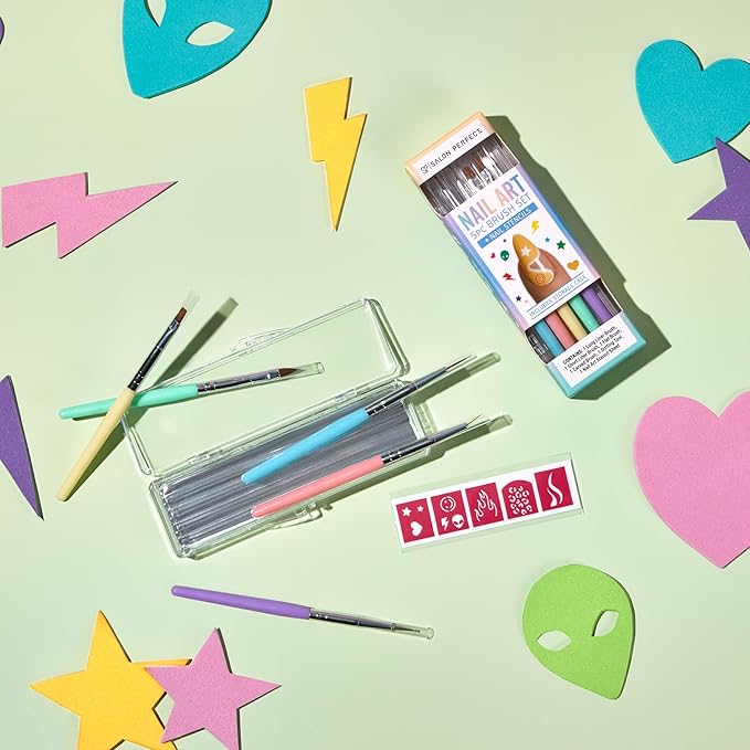 Salon Perfect Nail Art Brushes Set, 5-Piece Nail Art Design Pen Painting Tools with Nail Art Stencils, Includes Liner Brush, Flat, Carved Brushes, Dotting Pen, and Storage Case