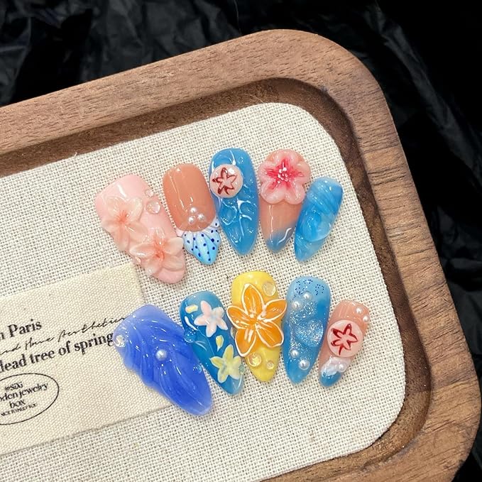 Summer Press on Nails Medium Almond Flower Fake Nails Muti-Layer Gel False Nail with 3D Jellyfish Starfish Design Glitter Handmade Press on Nails Stars Pearl Embossed Acrylic Nail for Women (Size S)