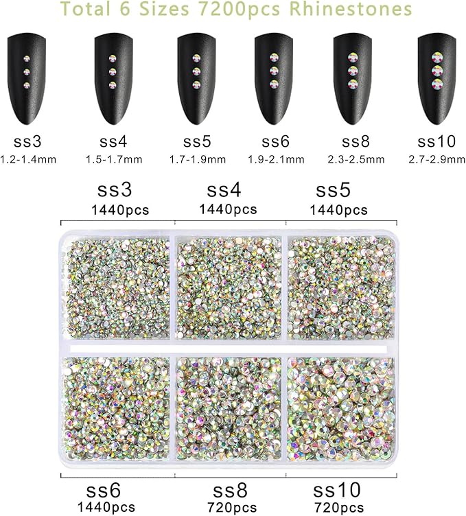 Beadsland 7200pcs Flatback Rhinestones,AB Crystal Rhinestone Nail Gems Round Crystal Rhinestones for Crafts,Mixed 6 Sizes with Wax Pencil Kit, SS3-SS10,Crystal AB