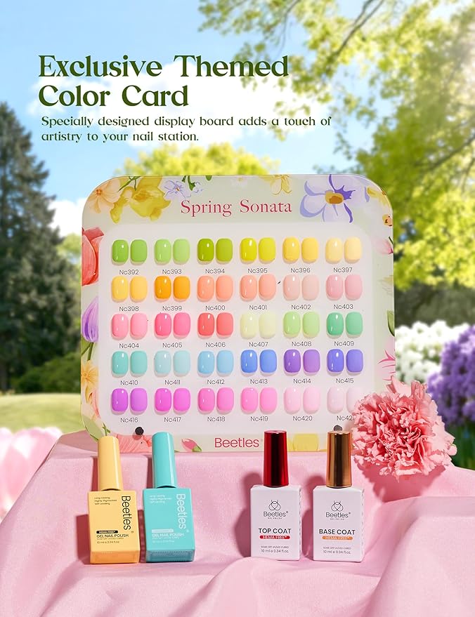 Beetles Spring Gel Polish Set - Spring Sonata Colleciton, 30 Colors Hema-Free Yellow Pink Blue Purple Pastel Colors Polish with Base Top Coat Swatch Card Uv LED Lamp Gel Gifts for Women