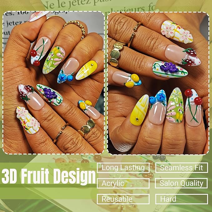 Handmade Acrylic Press On Nails Almond, French Tip Press On Nails Medium, Flower 3D Nails Cherry Strawberry Fruit Plaid For Women Gift, Reusable Stick On Fake Nails Kit With Nail Glue(Fruit Picnic-M)