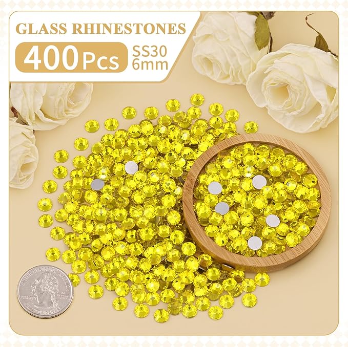 400PCS SS30/6mm Crystal Rhinestones (Lemon Yellow) with 2Pcs 10ml B7000 Jewelry Glue, Bedazzling Flatback Glass Rhinestones for Crafting, Gems Diomand Charms for Tumbler Shoes Clothing Mugs Nail Art