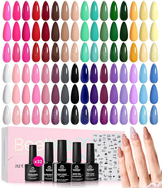 beetles Spring Gel Polish Set - 32 Colors Purple Orange Red Brown Black White Blue Nude Green Gel Polish Set All Seasons Kit with Base Top Coat UV LED Needed Gifts for Women Fingertips Canvas